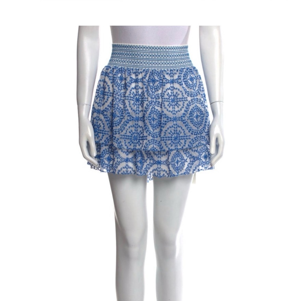 Alice + Olivia Blue and White Smocked Waist Printed Mini Skirt